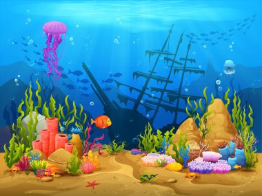 Underwater game level landscape, corals, fish shoal and sunken ship, vector background. Cartoon sea and ocean underwater or undersea landscape for game level, ship wrecks and fishes of coral reef