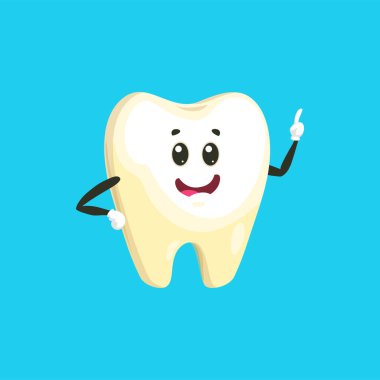 Çizgi film karakteri ifadeleri izole edilmiş çizgi roman diş kliniği maskotunu işaret ediyor. Vektör dişçilik amblemi, ağız hijyeni ve diş bakımı, diş macunu reklamı. Beyazlatma ve diş çıkarma.