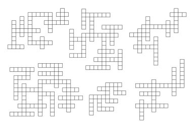 Crossword puzzle, find word quiz grids set. Intellectual puzzle, text riddle or playing activity. Vocabular game or crossword quiz vector grid templates collection