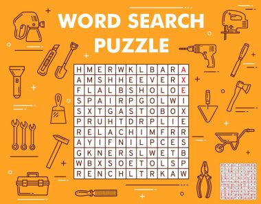İnşaat, DIY ve tamir aletleri kelime bulmaca oyunu. Vektör çekici, el feneri, el arabası, kürek ve balta, spatula, spatula, yelken ve rasp, alet kutusu, keski, demir testeresi, matkap ve pense.