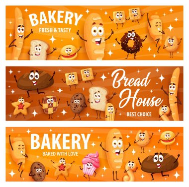 Cartoon bread, bakery and confectionery characters. Vector banners with funny pastry donut, chocolate cookie, croissant or cupcake, cracker, shortbread, baguette, toast, star and fortune cookie