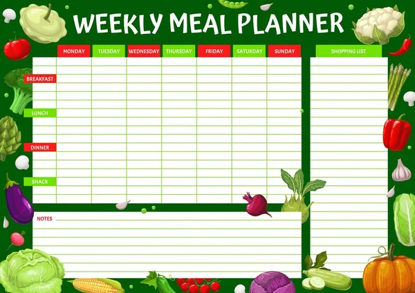 Weekly Meal Planner Raw Ripe Vegetables Food Plan Schedule Vector — Stockvektor