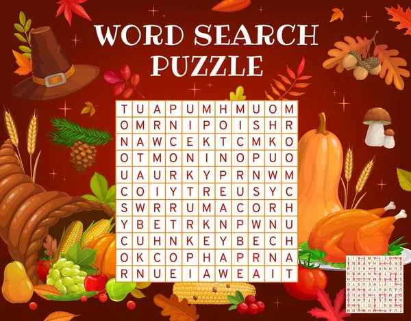 Thanksgiving Cornucopia Autumn Harvest Potluck Word Search Puzzle Game Worksheet — Vetor de Stock