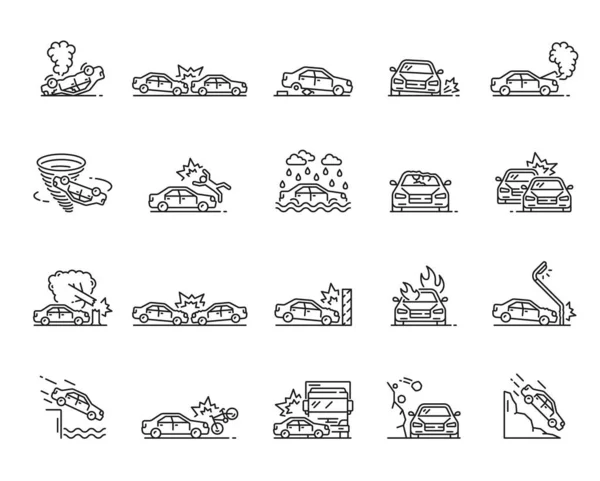 Car Accident Collision Damage Natural Disaster Thin Line Icon Set — Vettoriale Stock