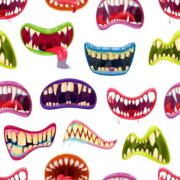 Scary Monster Mouths Jaws Teeth Tongues Cartoon Seamless Pattern Halloween — Stockvector