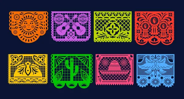 Mexican Papel Picado Papercut Flags Vector Day Dead Isolated Paper — 스톡 벡터