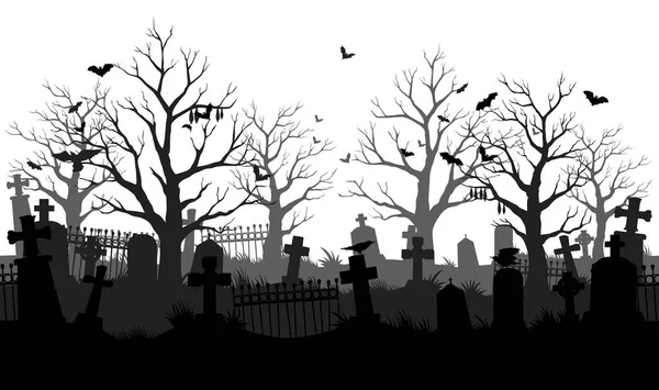 Old Cemetery Silhouette Abandoned Graveyard Halloween Night Vector Background Scary — Archivo Imágenes Vectoriales