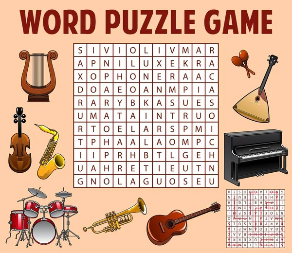Musical Instruments Word Search Puzzle Game Worksheet Child Quiz Grid — Image vectorielle