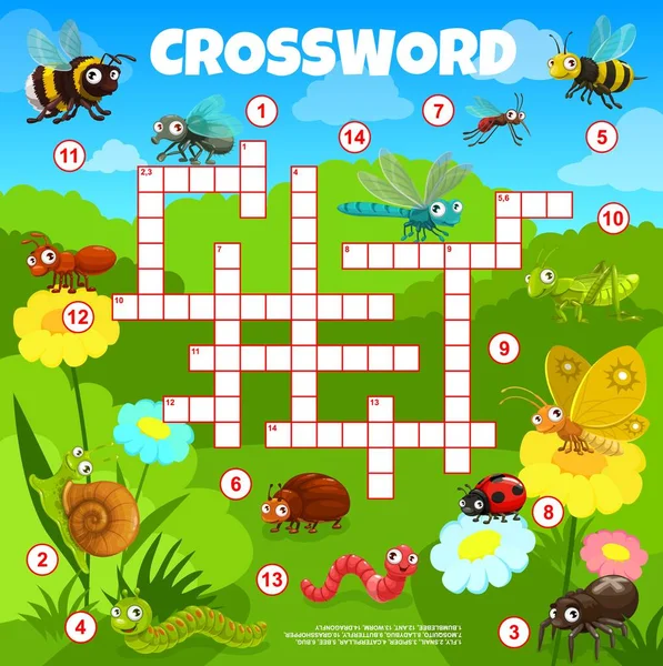 Cartoon Funny Insects Characters Crossword Grid Worksheet Vector Find Word — Vector de stock