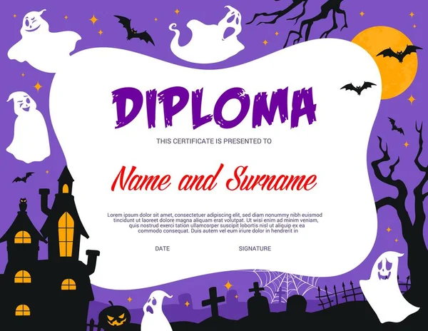 Diploma Niños Fantasmas Halloween Cementerio Premio Certificado Educación Vectorial Diploma — Archivo Imágenes Vectoriales