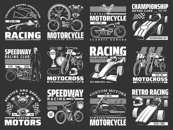 Racing Car Motorcycle Bike Kart Monochrome Icons Vector Auto Race — Stockvektor