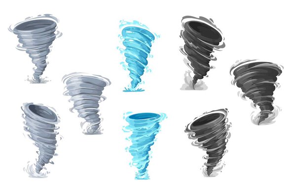 Tornado storm, vector whirlwind twister or cyclone hurricane, vector wind funnels. Tornado or typhoon and hurricane air swirl or storm vortex and windstorm twist in blue, gray and black