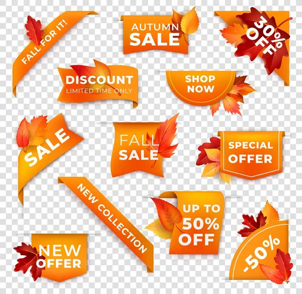 Labels Banners Ribbon Corners Autumn Leaves Sale Season Shop Discount — ストックベクタ