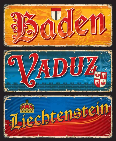 Baden Vaduz Liechtenstein Placas Ciudad Suiza Pegatinas Viaje Etiquetas Equipaje — Archivo Imágenes Vectoriales