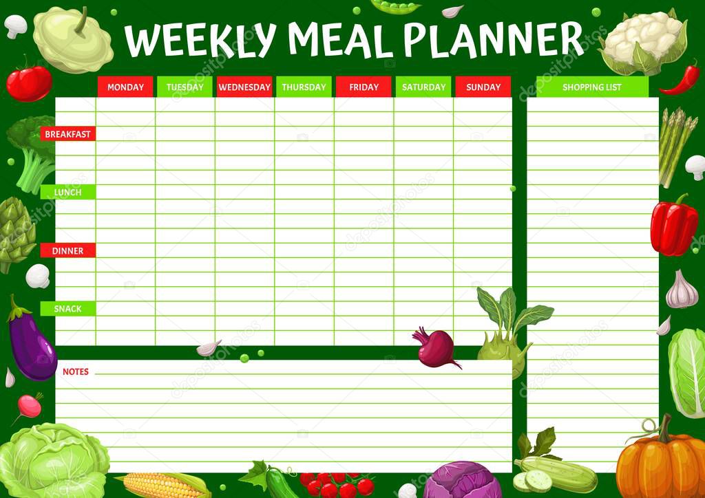 Weekly meal planner, raw ripe vegetables food plan schedule, vector eating organizer. Weekly meal and diet menu plan with week shopping list for pumpkin, broccoli and garlic, tomato and cucumber