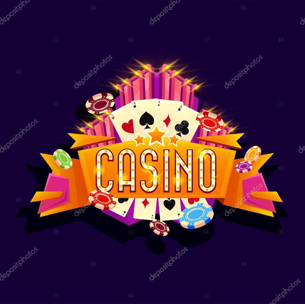 Casino gambling game cartoon signboard, poker cards and chips, vector banner. Online casino jackpot or slot machine spin, gamble game signboard with golden neon lights and stars on retro sign