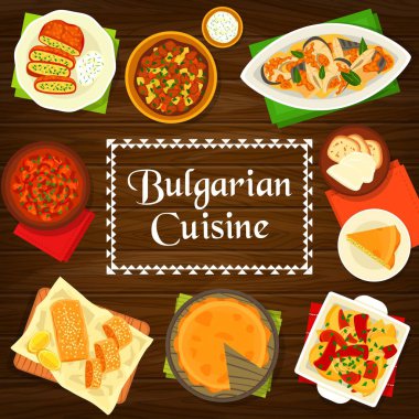 Bulgar mutfak menüsünde yemekler, vektör restoranı ve kafe yemekleri var. Balkan ve Güneydoğu Avrupa mutfağı, Bulgaristan 'ın geleneksel öğle ve akşam yemeği güveç, bryndza peyniri ve patates turtası