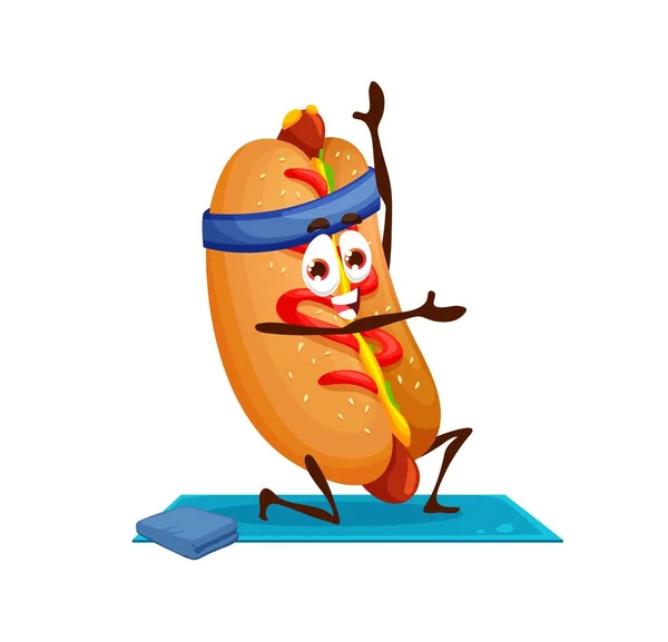 Cartoon Funny Hotdog Character Yoga Fitness Funny Fast Food Burger — Vector de stock