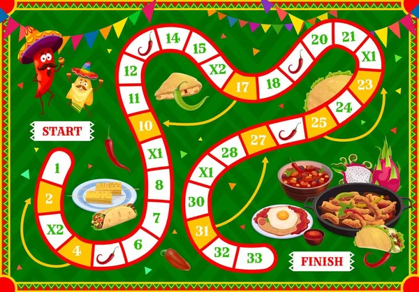 Kids Board Game Mexican Food Characters Vector Tabletop Step Puzzle — 스톡 벡터