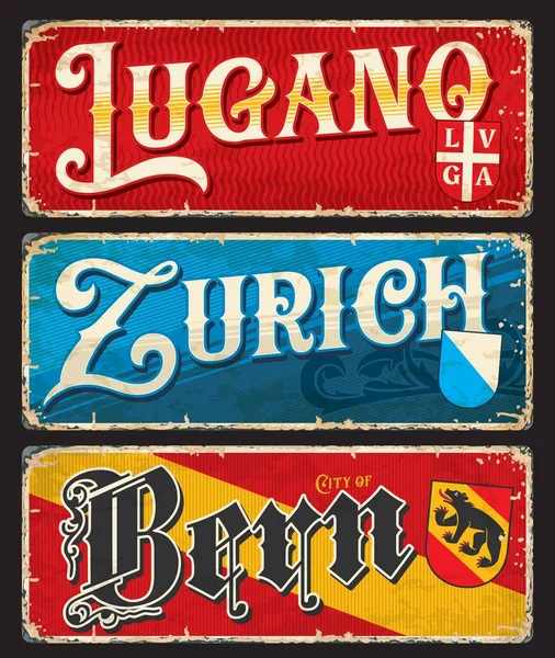 Lugano Bern Zürich Schweizer Ortsschilder Und Reiseaufkleber Vektor Gepäckanhänger Schweiz — Stockvektor