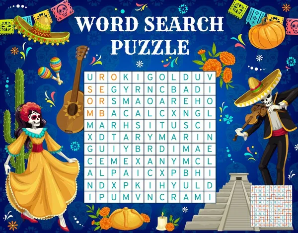 Mexican Dia Los Muertos Day Dead Holiday Word Search Puzzle — Vettoriale Stock