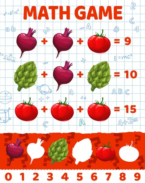 Feuille Calcul Jeu Mathématiques Avec Betterave Mûre Tomate Artichaut Énigme — Image vectorielle