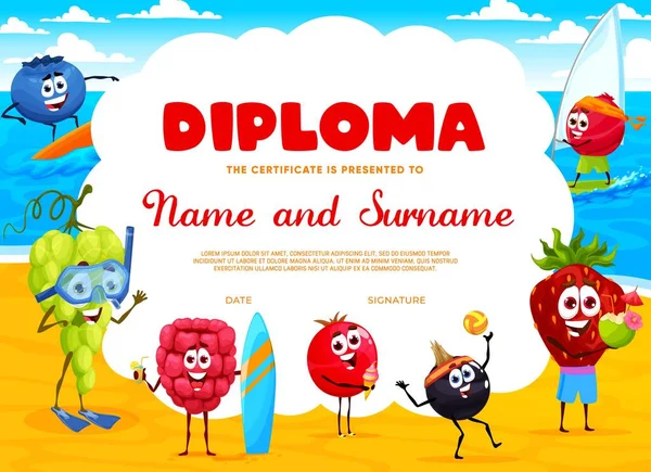 Cartoon Bessen Personages Zomer Strand Vakanties Kids Diploma Vector Certificaat — Stockvector