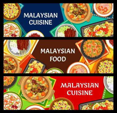 Malezya mutfağı, Malezya yemekleri ve Asya restoranları, vektör pankartları. Malezya mutfağı gurme otantik et yemekleri, erişte çorbası ve tavuk satay ile deniz ürünleri karidesi.