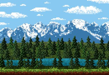 8 bit piksel dağ ve orman oyunu düzeyi manzarası. Retro video ve arcade oyun doğa konumu pikselli sanat dağ tepeleri, kar zirveleri, gökyüzü ve bulutlar, ağaçlar, çimenler ve göl