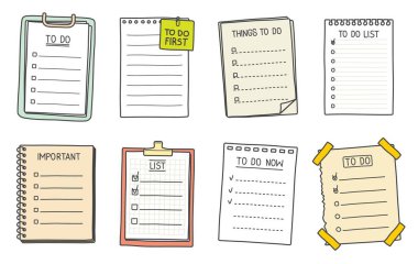 Check list sketch. Clipboard, checklist and notebook with task, to do list and checkboxes. Vector paper notes, spiral notepad or memo pad sheets with clips and adhesive tapes, hand drawn planners