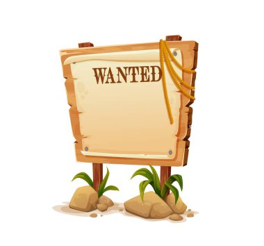 Ahşap tabela, Western Aranıyor panosu. Vektör posteri ve vahşi batı kovboy kement ipi. Üzerinde ölü ya da diri aranıyor yazılı eski ahşap Teksas tabelası ödül pankartı, çöl taşları ve çimenler