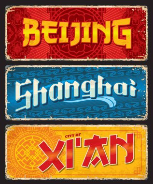 Beijing, Shanghai, Xian chinese travel plates and stickers. China city grunge sticker or postcard. Asian tour destination retro vector tin sign or souvenir card, travel plate with chinese ornaments