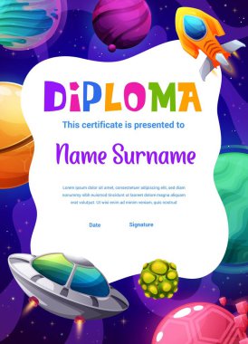 Çizgi film uzay gezegenleri, UFO ve uzay gemisi, vektör çocuk diploması. Okul ya da anaokulu diploması uzay roketleri ve galaksideki fantastik gezegenler ve yıldızlardan oluşan bir uzay aracı.
