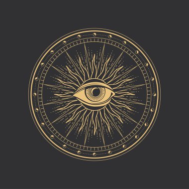 Esrarengiz büyü sembolü, okült, mistik simya ve astroloji, vektör tarot kartı. Ayların kutsal ruhani çemberindeki güneş ve gözün esrarengiz sembolü, okült büyü amblemi veya kutsal geometri işareti.