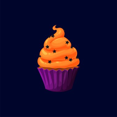 Ev yapımı Cadılar Bayramı kek izole çizgi film kek pastası tatlı. Tereyağlı çörek fırını. Çikolatalı pastane, bayram partisi ya da numara, kremalı fincanlı pasta.