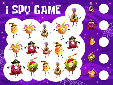 Casusluk oyunu, çizgi film, Cadılar Bayramı şeker karakterleri vektör bulmacası ya da bilmece oyunu. Çocukların eğitim programı şeker mi şaka mı, balkabağı keki ve çikolatalı cadı şahsiyetlerini bulmak ve saymak.