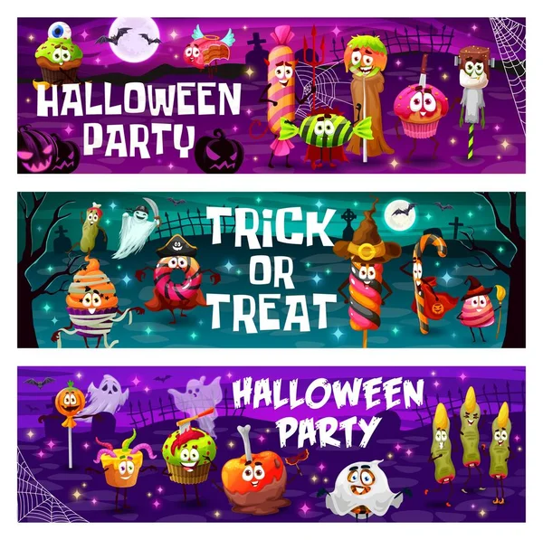 Halloween Party Banners Cartoon Halloween Candy Characters Vector Trick Treat — Image vectorielle