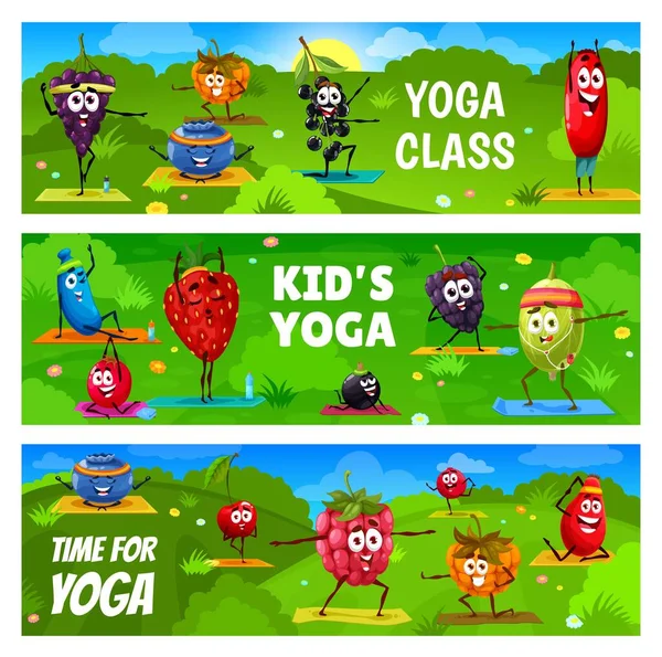 Kids Yoga Class Cartoon Berry Characters Yoga Fitness Grape Cowberry — Stock Vector