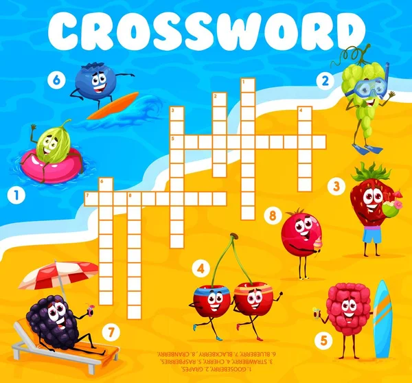 Cartoon Berry Characters Summer Beach Crossword Grid Find Word Quiz — стоковый вектор