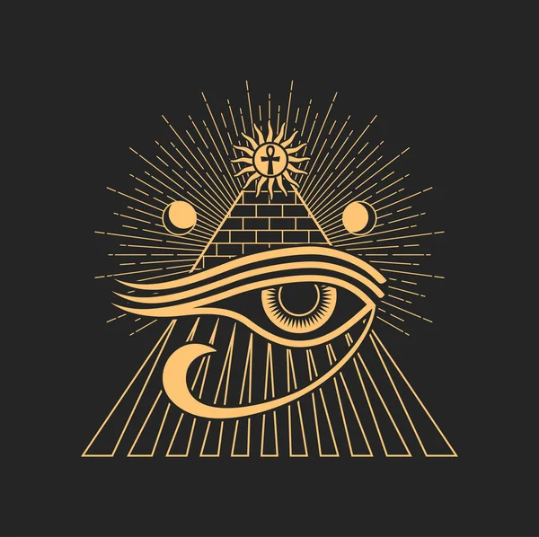 Magic Talisman Horus Eye Occult Symbol Egyptian Cross Pyramid Moon — Stok Vektör