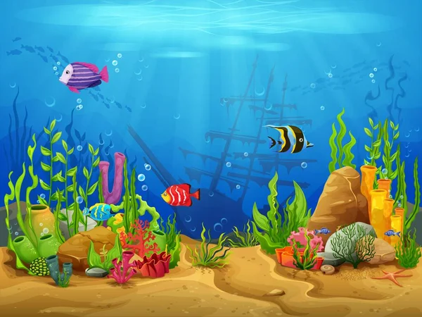 Cartoon Underwater Landscape Game Level Seaweed Corals Fish School Sunken —  Vetores de Stock