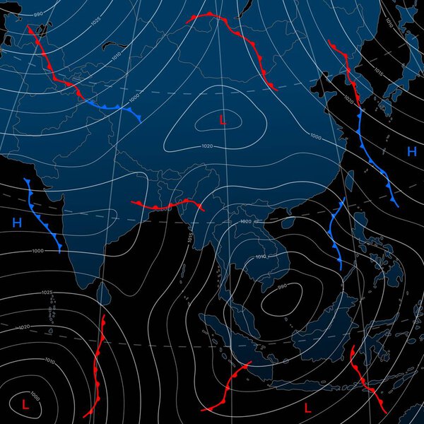 Forecast weather isobar night map of Asia, wind fronts and temperature vector diagram. Meteorology climate and weather forecast isobar of Asia continent countries with cold and warm cyclone chart