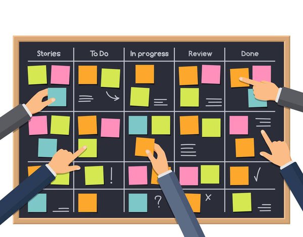 Scrum task board with businessman hands. Vector project sprint schedule, scrum or agile methodology board of business team work plan. Flat scrumboard with sticky notes, to do, story and done list