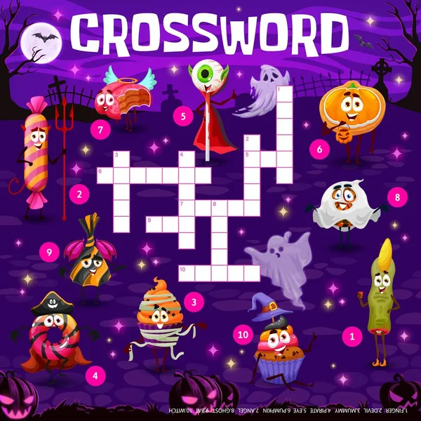 Crossword Grid Cartoon Halloween Candy Characters Quiz Game Find Word — Image vectorielle
