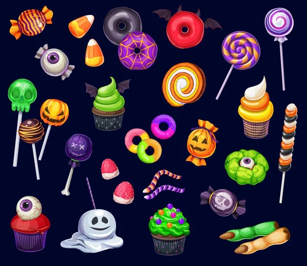Cartoon Halloween Süßigkeiten Cupcakes Lollypops Donuts Zuckermais Hexenfingerkekse Vector Kids — Stockvektor