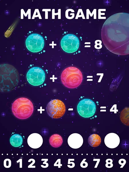 Math Game Addition Puzzle Worksheet Cartoon Galaxy Space Planets Comets — Stockvektor