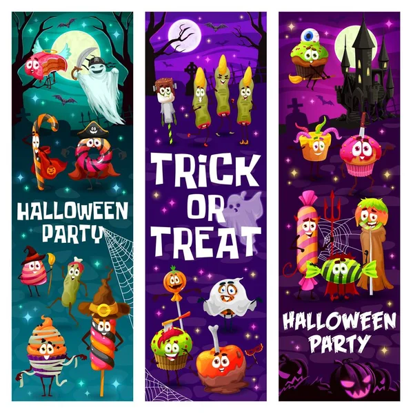 Halloween Party Banners Cartoon Halloween Candy Characters Horror Night Monster — Stockvektor