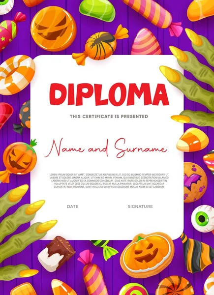 Halloween Kids Diploma Cartoon Candies Cookie Sweets Halloween Creepy Treats — Vector de stock