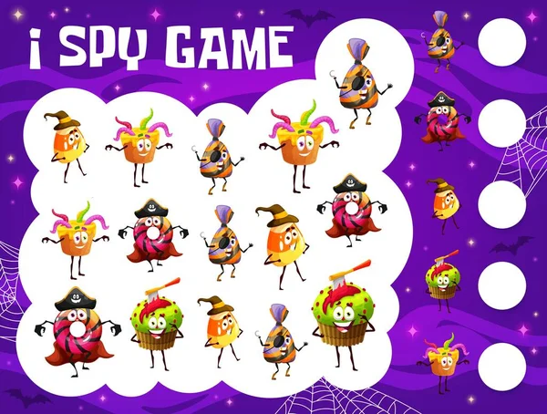 Spy Game Cartoon Halloween Candy Characters Vector Puzzle Riddle Game — ストックベクタ