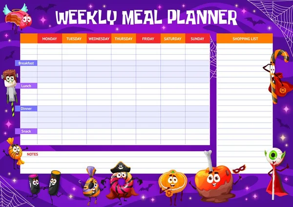 Wöchentlicher Mahlzeitenplaner Cartoon Halloween Bonbonfiguren Vektorlebensmittelplan Oder Diätmenüplan Für Die — Stockvektor
